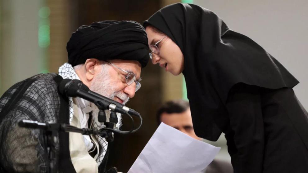 Iran's ruler Ali Khamenei during a meeting with a group of university students 