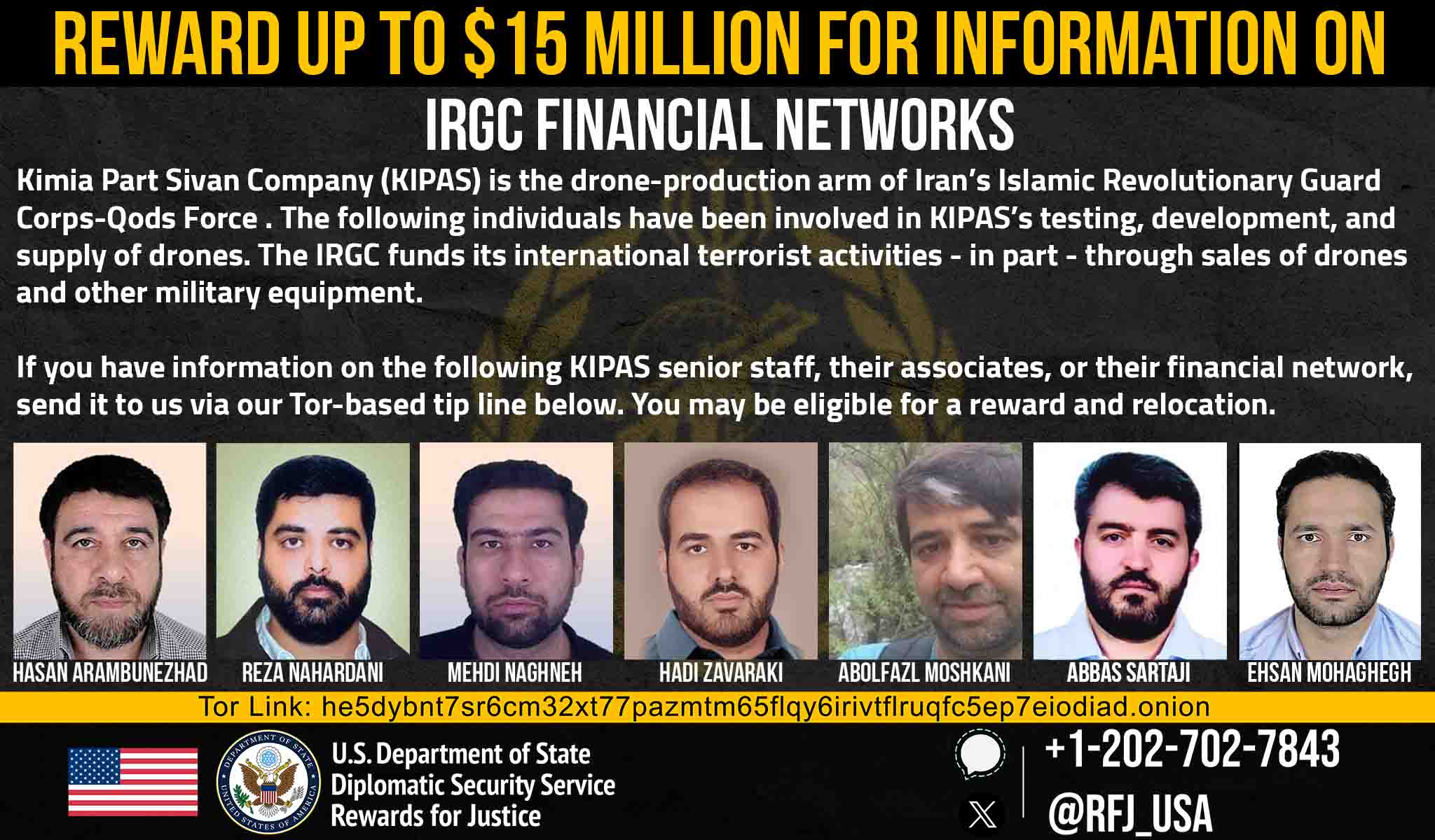 A US State Department Rewards for Justice notice offering up to $15 million for information on financial networks linked to the IRGC-affiliated Kimia Part Sivan Company and seven individuals it identified as senior staff.