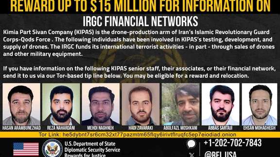 A US State Department Rewards for Justice notice offering up to $15 million for information on financial networks linked to the IRGC-affiliated Kimia Part Sivan Company and seven individuals it identified as senior staff.