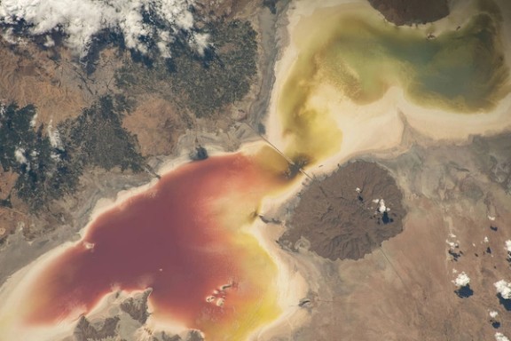Lake Urmia in northwest Iran, once one of the biggest saltwater lakes in the world, is pictured from the International Space Station as it orbited 258 miles above.