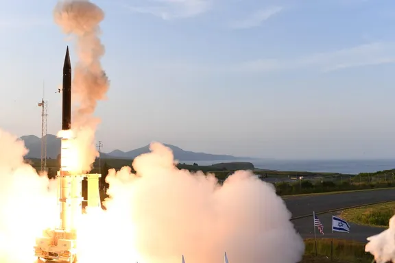 Israel's Arrow-3 ballistic missile shield is seen during a series of live interception tests over Alaska, US, in this handout picture obtained by Reuters on July 28, 2019.