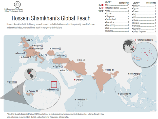 US Treasury map alleging geographic scope of Shamkhani-linked shipping activities