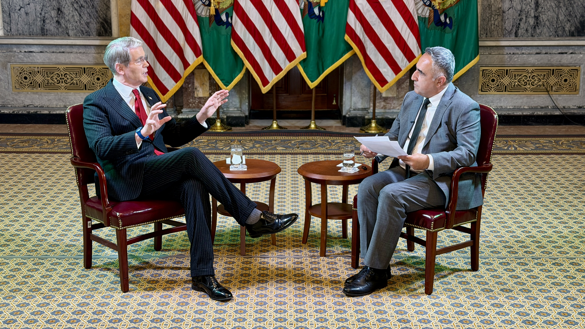US Treasury Secretary Scott Bessent (left) and Iran International's Kambiz Tavana during an interview in Washington DC on Oct. 26, 2026.