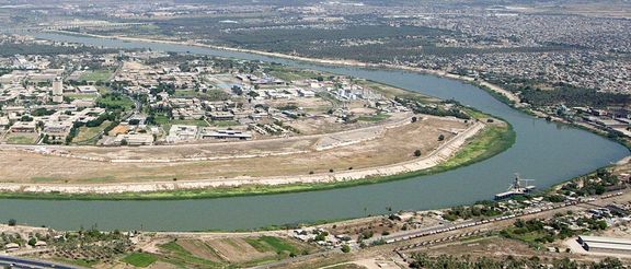 An aerial view of the Tigris River as it flows through Baghdad
