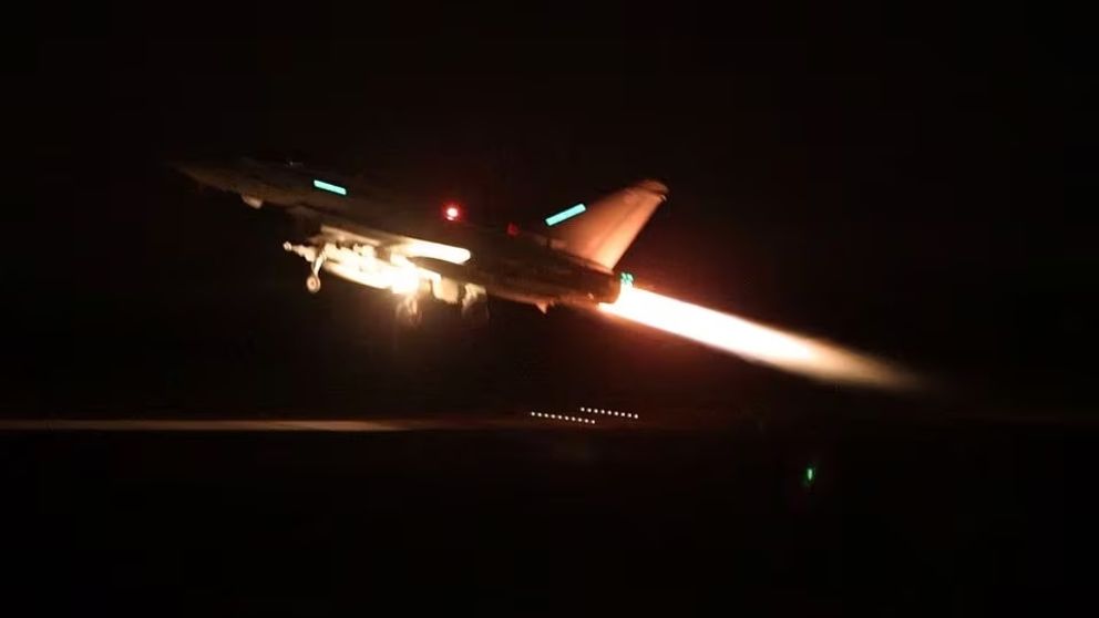 An allied warplane taking off in the nighttime operation against Houthis, January 12, 2024