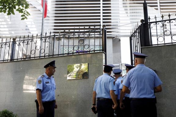 Police officers in front of the Embassy of the Islamic Republic of Iran in Tirana on September 8, 2022