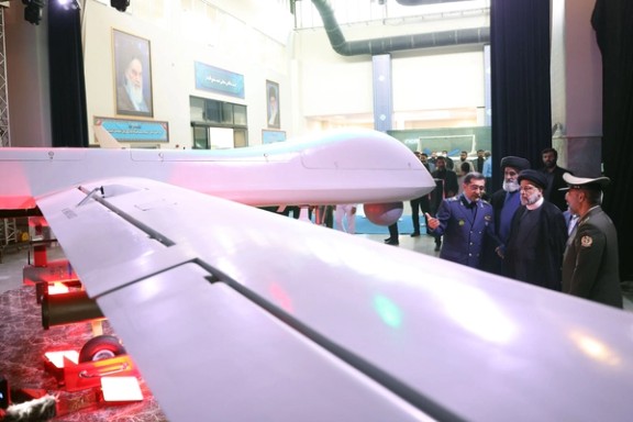 Iran’s President Ebrahim Raisi (2nd right) during a ceremony to unveil Mohajer-10 drone on August 22, 2023