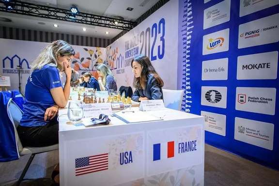 Iranian chess grandmaster Atousa Pourkashiyan during a game against fellow Mitra Hejazipour