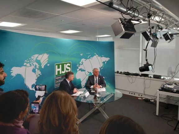 Exiled Prince Reza Pahlavi speaking during a press conference at the Henry Jackson Society in London on February 27, 2023