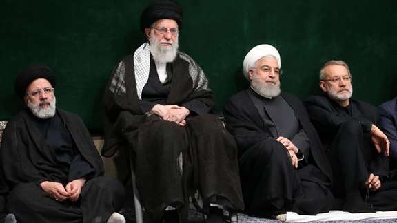 (From left) President Ebrahim Raisi, Supreme Leader Ali Khamenei, former president Hassan Rouhani, and former Parliament Speaker Ali Larijani