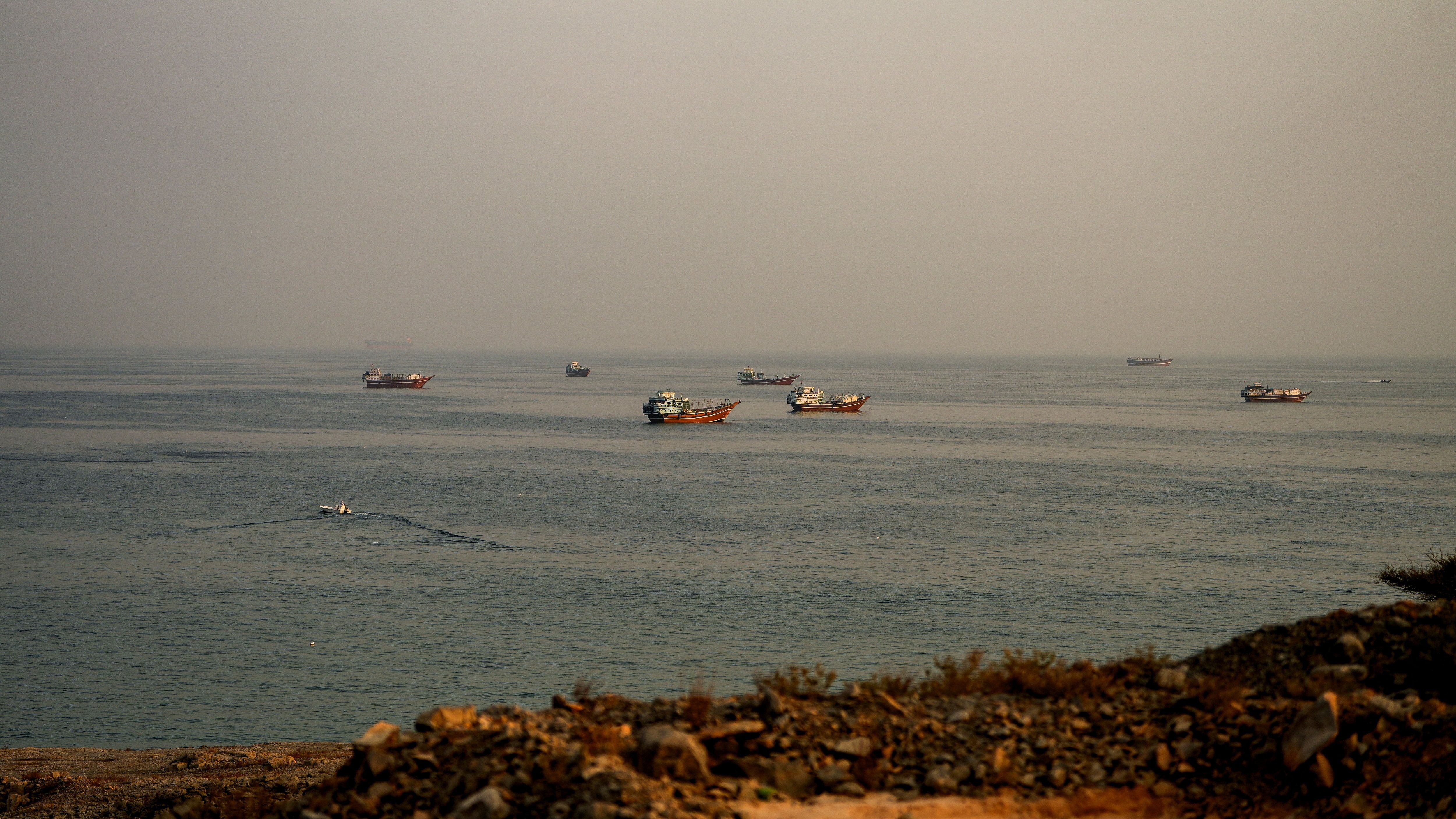 Vessels at the Strait of Hormuz, as seen from Musandam, Oman, October, 2026.