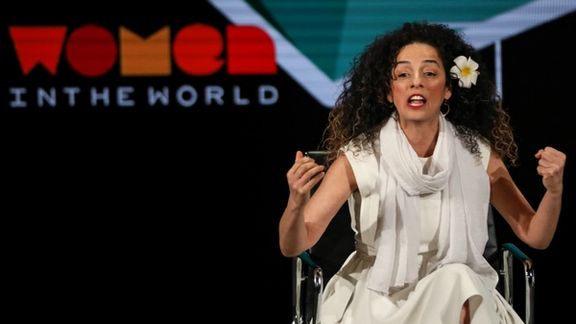 Masih Alinejad, Iranian journalist and women's rights activist, speaks on stage at the Women In The World Summit in New York, US, April 12, 2019.
