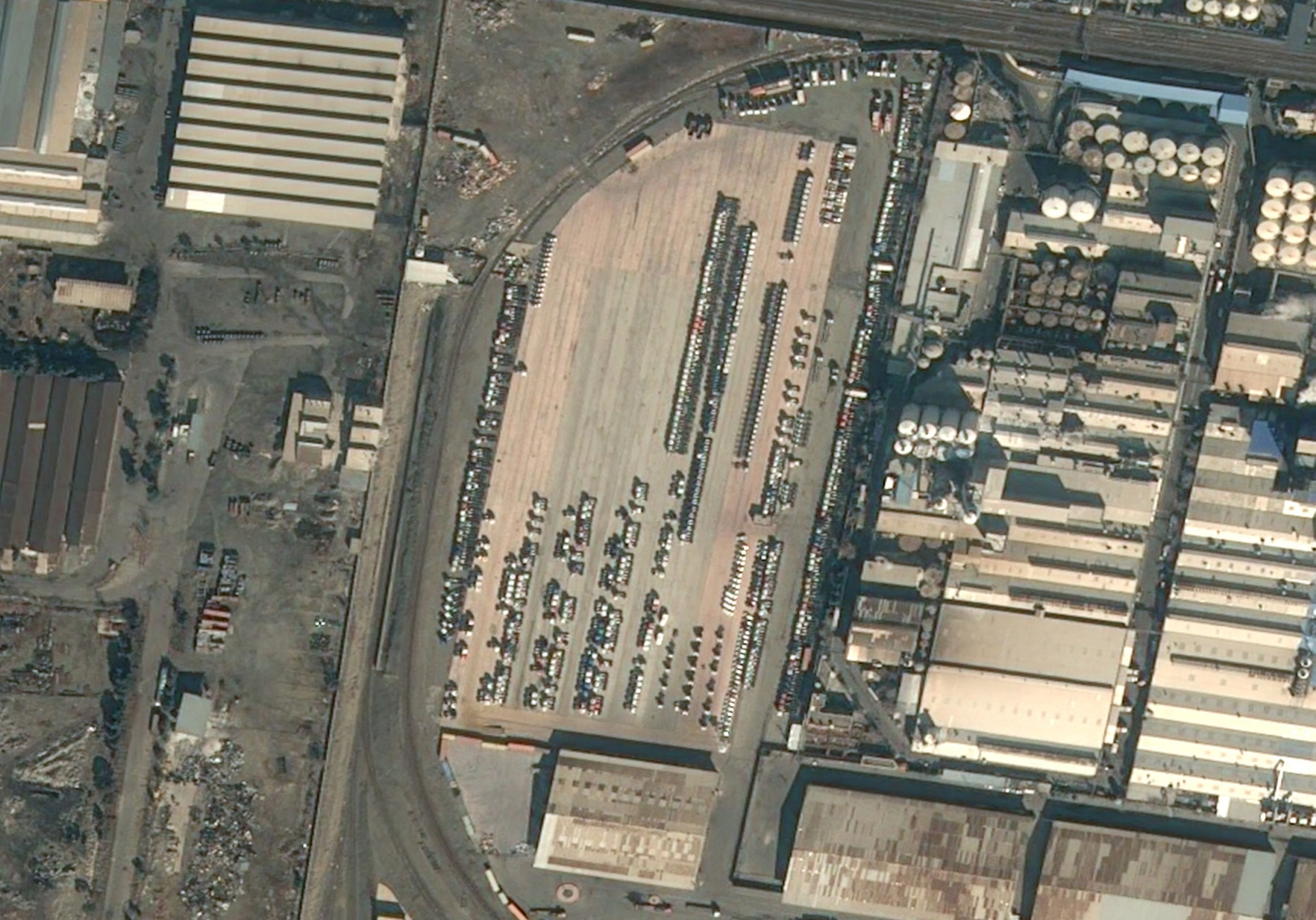 A satellite image taken on February 8, 2025, shows a customs yard containing Iveco trucks imported by Irans military, in Tehran, Iran. The yard matches the location of a video posted the same day and verified by Reuters showing the trucks. Janes, the UK-based open-source defence intelligence company, confirmed the make of the trucks seen in the social media video. 