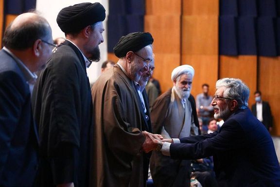 Mohammad Khatami shaking hands with Gholam-Ali Haddad Adel, an influential conservative politician and a relative of Supreme Leader Ali Khamenei. May 30, 2023