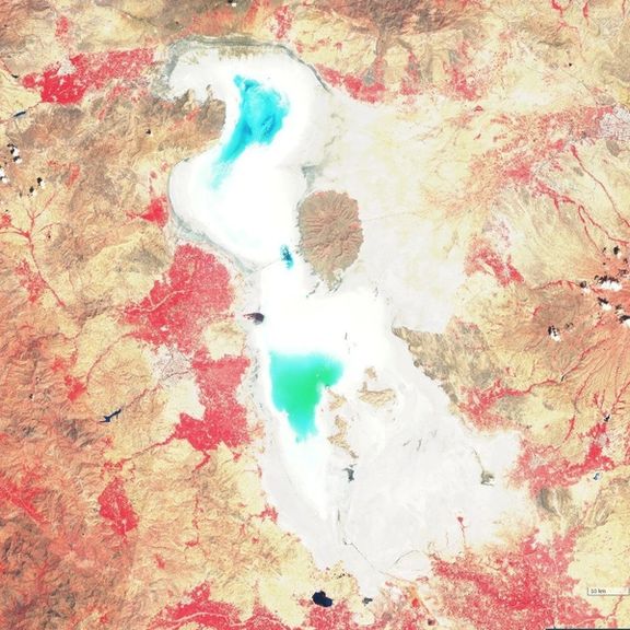 An aerial view of Lake Urmia in 2023