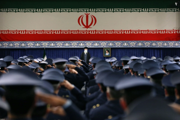 Supreme Leader Ali Khamenei addresses a group of Iranian Air Force commanders and personnel in Tehran, Iran, on February 8, 2023.