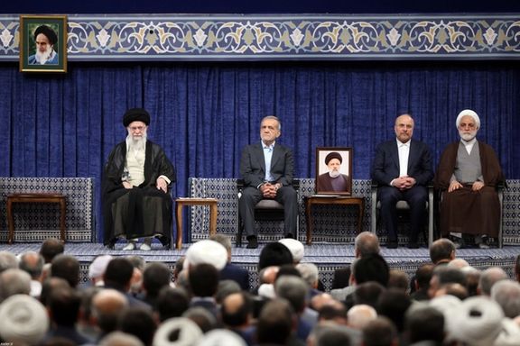 (From left) Iran’s Supreme Leader Ali Khamenei, President Masoud Pezeshkian, Parliament Speaker Mohammad Bagher Ghalibaf, Justice Cheif Gholam-Hossein Mohseni Ejei during the inauguration of Pezeshkian in July 2024