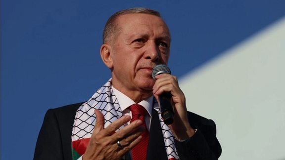 Turkish President Recep Tayyip Erdogan at a pro-Hamas rally in October 2023
