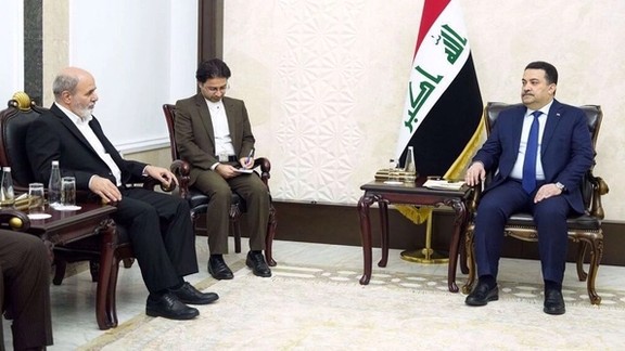 Secretary of Iran's Supreme National Security Council Ali-Akbar Ahmadian (left) in a meeting with Iraqi Prime Minister Mohammed Shia al-Sudani in the capital Baghdad on February 5, 2024
