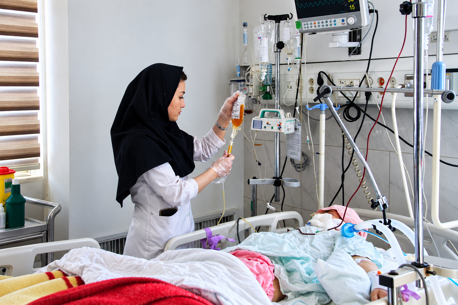 A healthcare worker tends to a patient in an intensive care unit at a hospital in Iran.