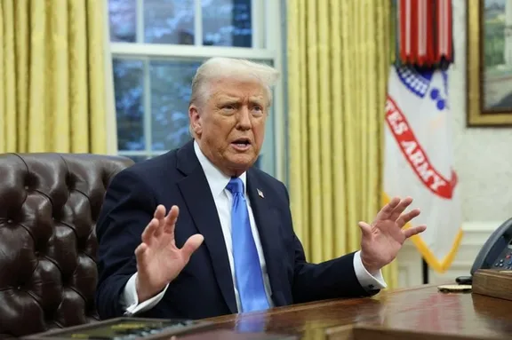 US president Donald Trump speaking to reporters at the White House, Washington D.C.