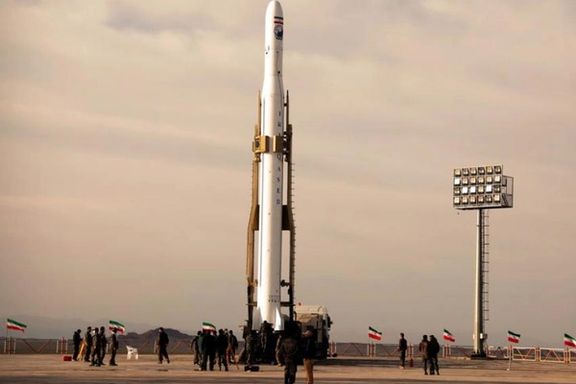 An Iranian satellite-carrying missile on launchpad in April 2020.
