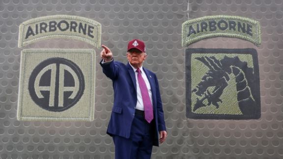 US President Donald Trump gestures during a rally in Fort Bragg, North Carolina, US, June 10, 2025.