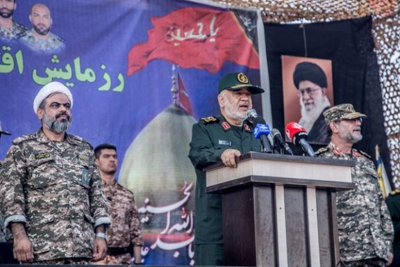 Islamic Revolutionary Guard Corps (IRGC) Commander-in-Chief Major General Hossein Salami speaks during an exercise in Abu Musa Island, in this picture obtained on August 2, 2023.