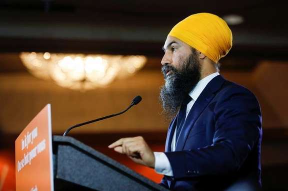 New Democratic Party leader Jagmeet Singh speaks to supporters after being re-elected in Burnaby South at an NDP election night party in Burnaby, British Columbia, Canada, October 21, 2019.