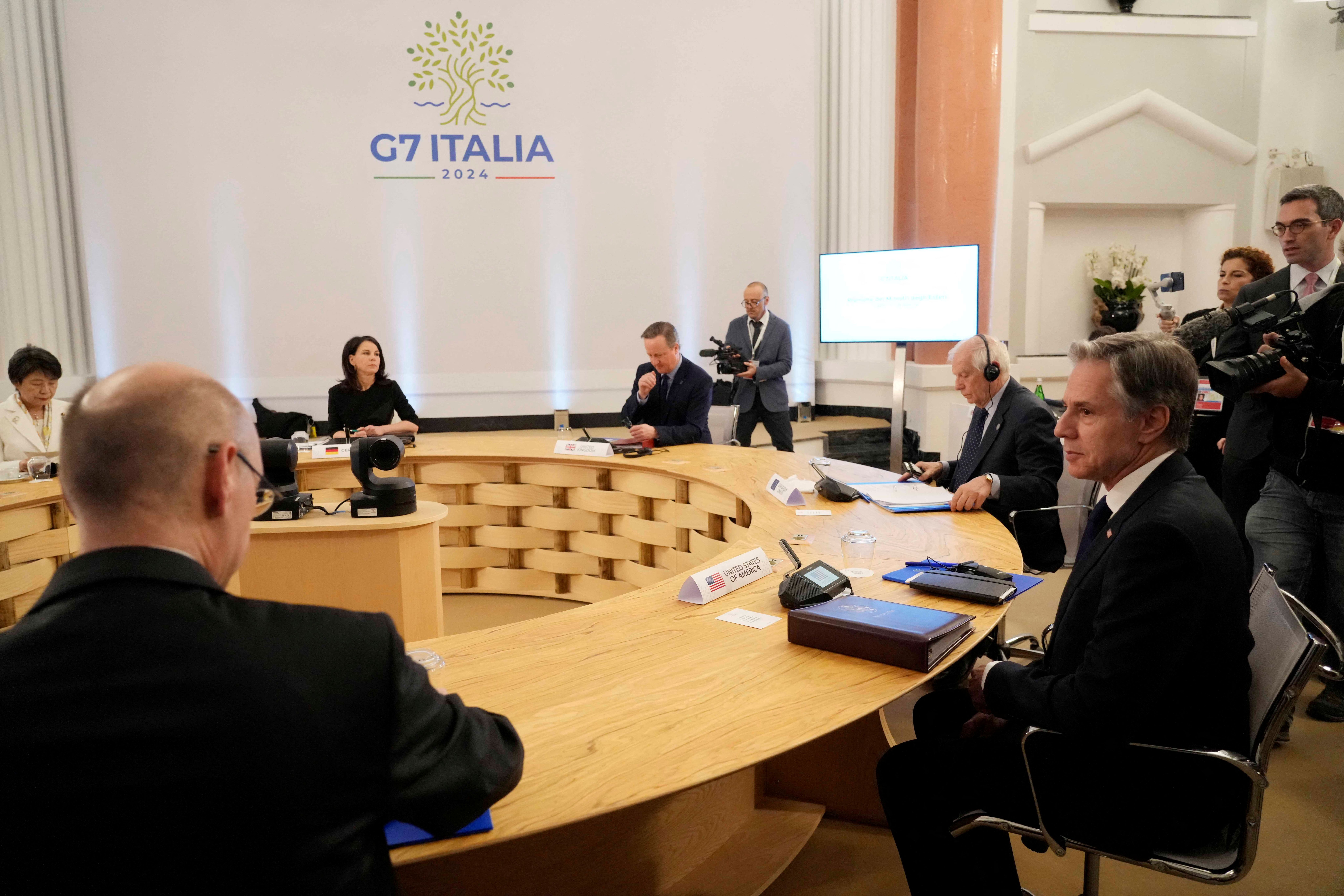 U.S. Secretary of State Antony Blinken attends an Indo-Pacific meeting on the sidelines of the G7 Foreign Ministers meeting on Capri Island, Italy, Friday, April 19, 2024. 