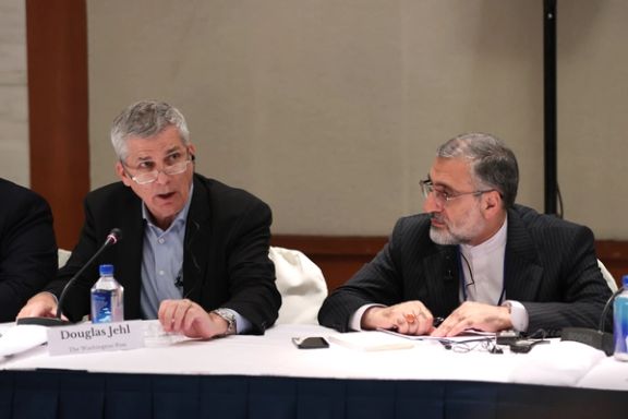 Gholam Hossein Esmaili (right), the chief of staff of Iran’s President Ebrahim President during a meeting in New York on September 18, 2023