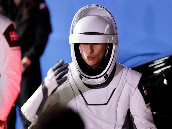 NASA astronaut Jasmin Moghbeli gestures as she departs for the launch pad before their mission to the International Space Station as Crew-7 on the SpaceX Crew Dragon spacecraft at Cape Canaveral, Florida, August 26, 2023.