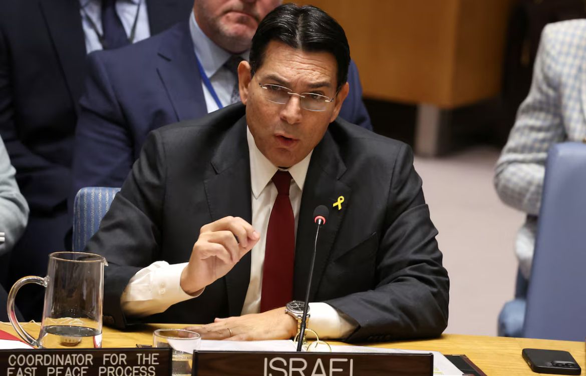 Israel's Ambassador Danny Danon addresses the UN Security Council meeting on the situation in Gaza, at U.N. headquarters in New York City, US, November 18, 2024. 