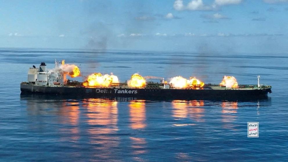 Explosions take place on the deck of the Greek-flagged oil tanker Sounion on the Red Sea, in this handout picture released August 29, 2024.