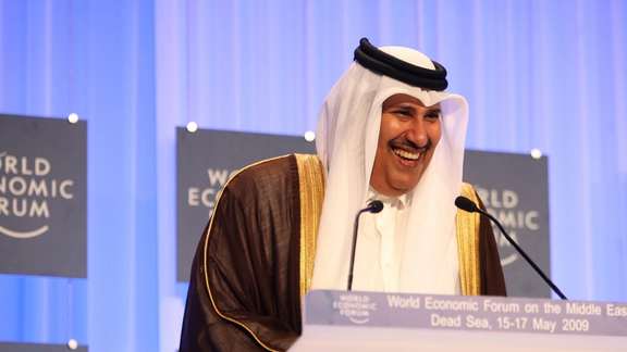 Former Qatari Prime Minister Hamad bin Jassim bin Jaber Al Thani delivering a speech at the World Economic Forum on the Middle East at the Dead Sea in Jordan, May 15, 2009