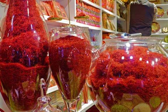 Containers of saffron at a shop in Iran