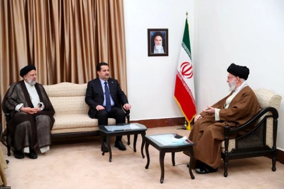 Iraqi Prime Minister Mohammed Shia al-Sudani (center) and Iran’s Supreme Leader Ali Khamenei (right) and Iranian President Ebrahim Raisi on November 29, 2022