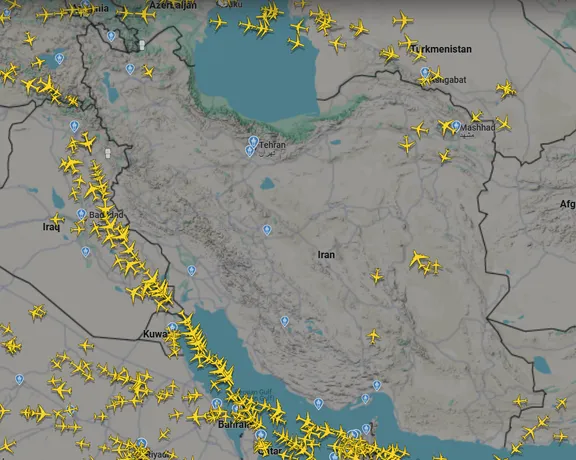 Screenshot from Flightradar24 taken on June 28, 2025, shows partially reopened Iranian airspace