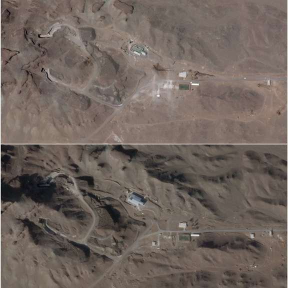 Satellite images show a building at Iran’s Qom missile base with roof damage on July 16, 2025 (top), and the same site with a new roof on Feb. 1, 2026 (bottom). Planet Labs PBC/Handout via REUTERS