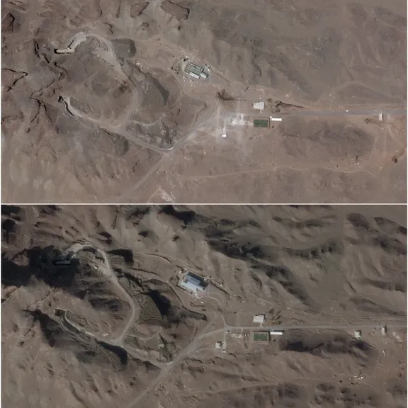 Satellite images show a building at Iran’s Qom missile base with roof damage on July 16, 2025 (top), and the same site with a new roof on Feb. 1, 2026 (bottom).