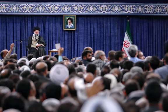 Iran’s Supreme Leader Ali Khamenei during a meeting with a group pf people from provinces of Sistan-Baluchestan and South Khorasan in Tehran on September 11, 2023