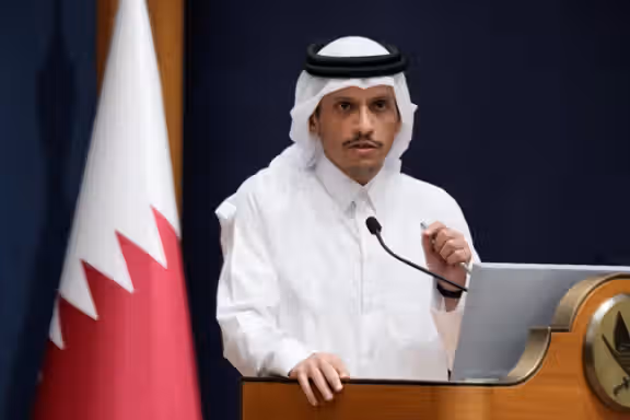 Qatar's PM Mohammed bin Abdulrahman Al Thani makes statements to the media with US Secretary of State Antony Blinken in Qatar, October 13, 2023.