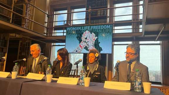 (Left to right) Prince Reza Pahlavi, Nazanin Boniadi, Masih Alinejad, Hamed Esmaeilion