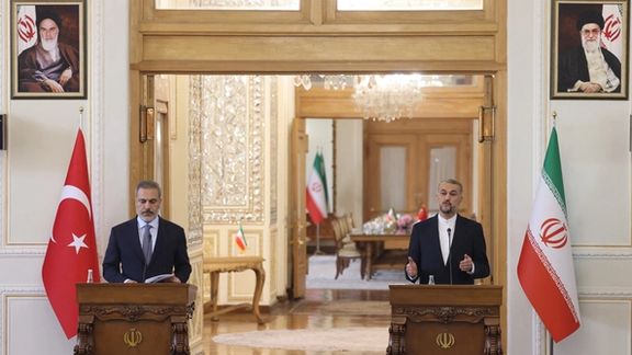 Iran's Foreign Minister Hossein Amir-Abdollahian (right) during a joint press conference with his Turkish counterpart Hakan Fidan in Tehran on September 3, 2023