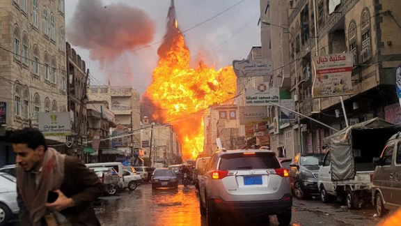 A fireball rises from the site of an Israeli air strike in Sanaa
