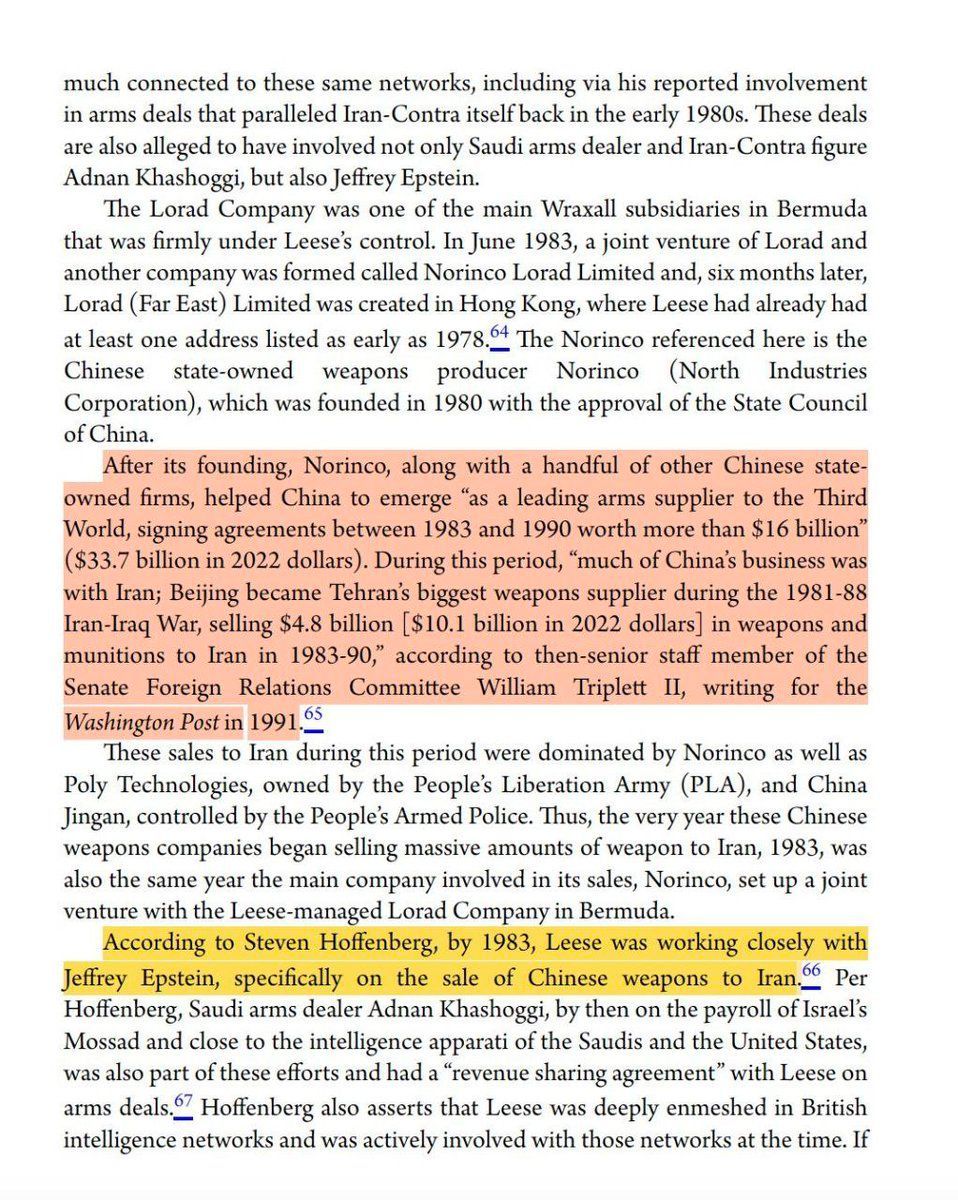 Excerpt from One Nation Under Blackmail by Whitney Webb, outlining claims about Cold War–era arms networks, Chinese weapons exports to Iran, and alleged connections involving Jeffrey Epstein.