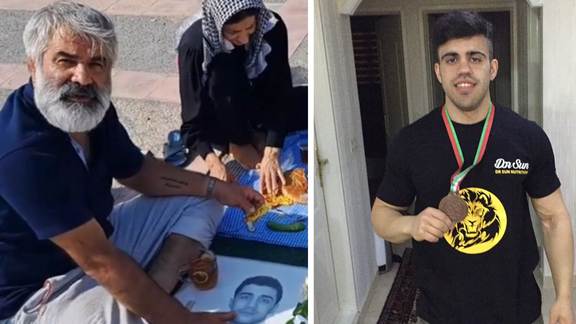 A composite image of Mashallah Karami, alongside his wife at his son, Mehdi's grave and Sahand Nourmohammadzadeh,