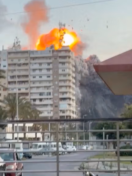 Flames rise following a strike in Tyre, Lebanon, on May 28, 2026, in this screengrab obtained from social media video.
