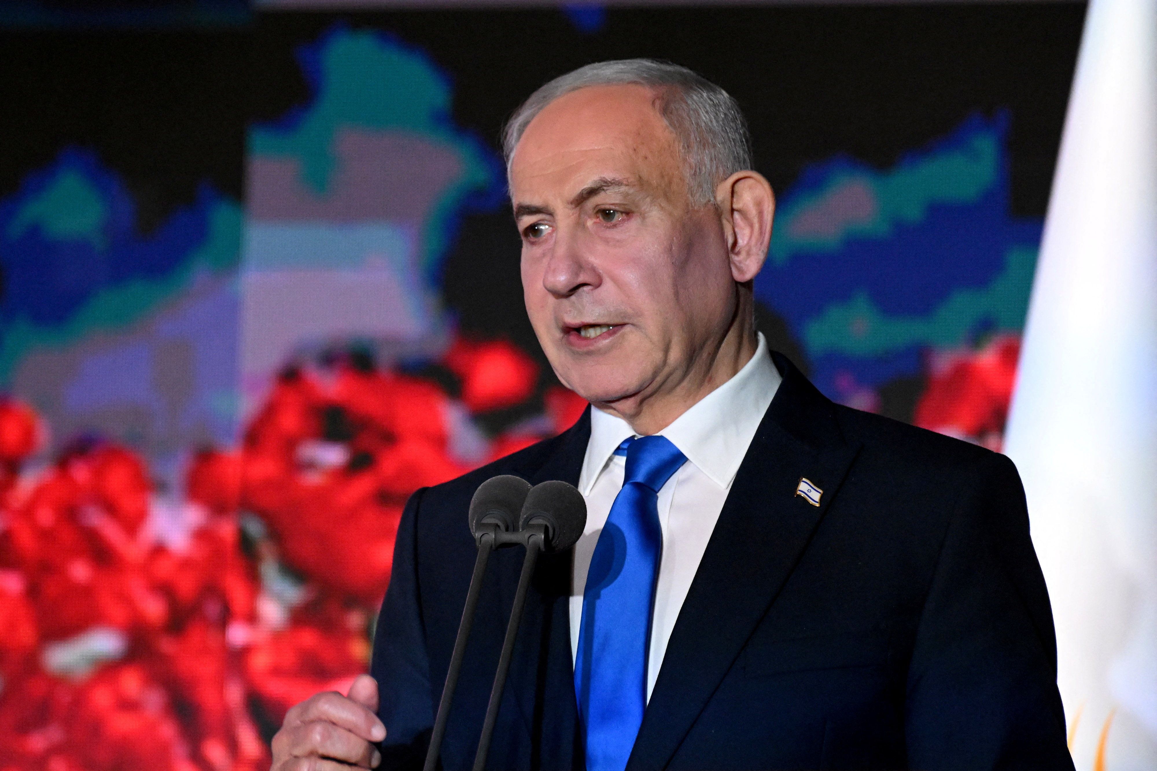 Israeli Prime Minister Benjamin Netanyahu speaks at the State Memorial Ceremony for the three year anniversary of the October 7, 2023, Hamas attack, in remembrance of Israel Defense Forces and security members who fell in the War of Redemption in the Mt. Herzl Cemetery, Jerusalem, on Monday, October 5, 2026.