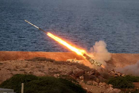 A missile is launched during a joint exercise called the 'Great Prophet 17', in the southwest of Iran, in this picture obtained on December 22, 2021.